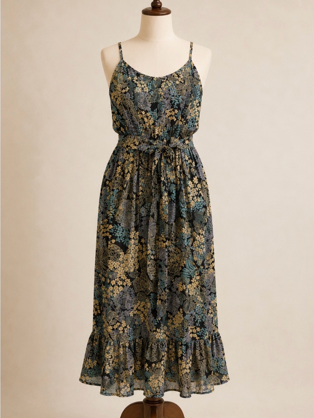 *Romantic boho- Black, teal and Gold Floral sundress - pockets